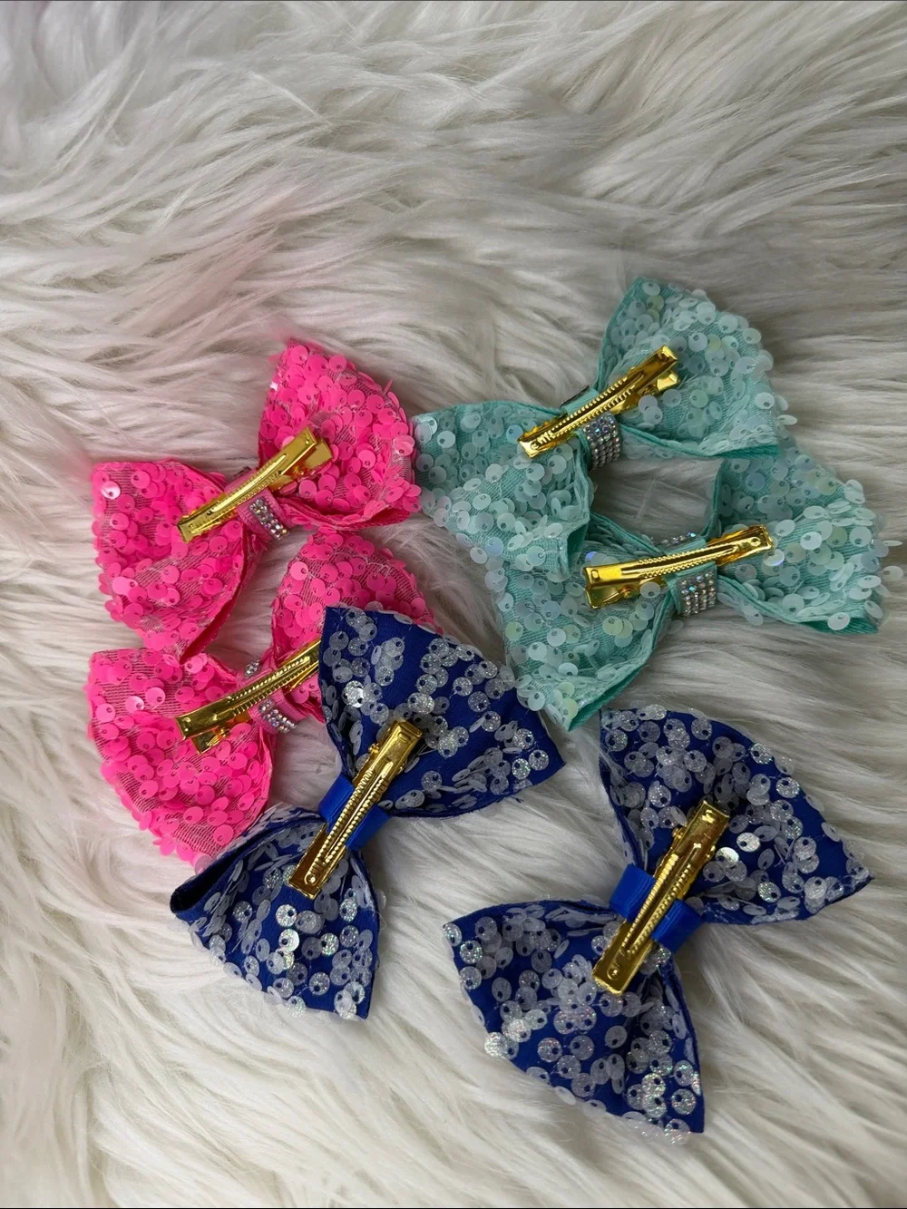 Hand Crafted Sequined Bow Clips in Hot Pink, Mint & Royal Blue bundle